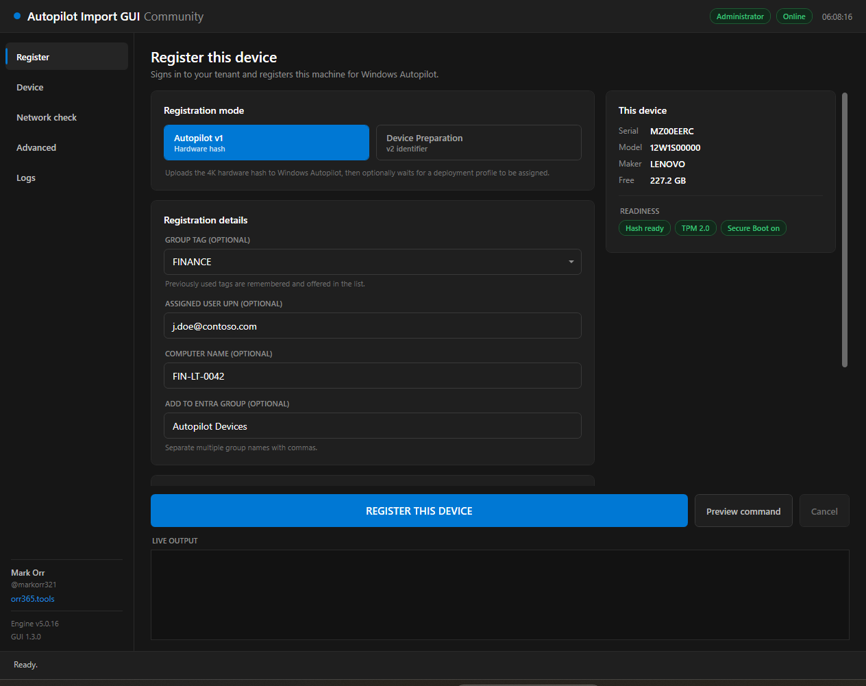 Register page in Autopilot v1 mode, showing the mode toggle, group tag, registration details and streamed engine output