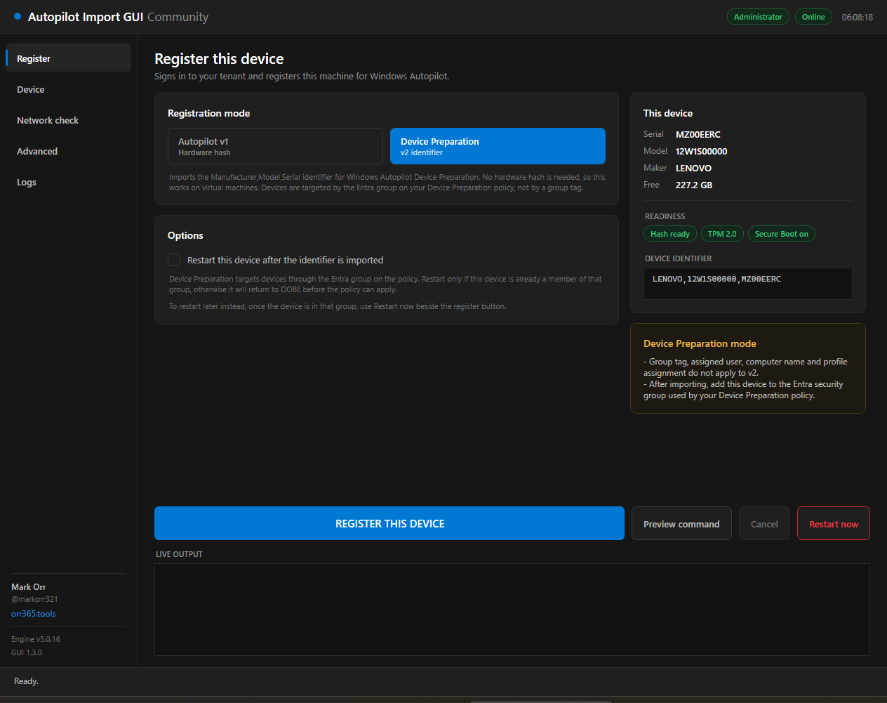 Register page in Device Preparation mode, with the registration details card hidden and restart controls shown