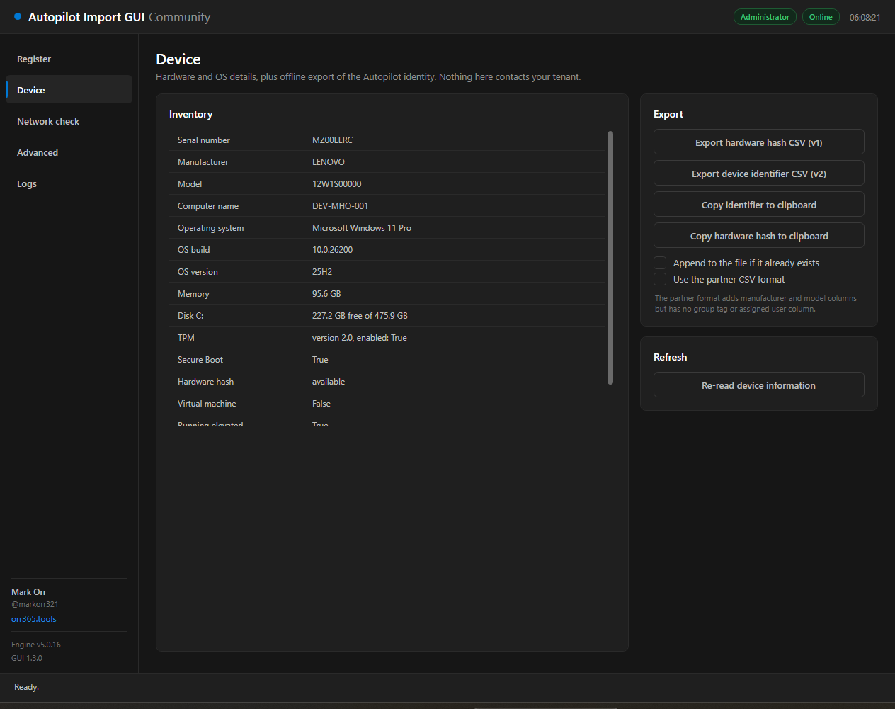 Device page showing full hardware inventory and offline CSV export options