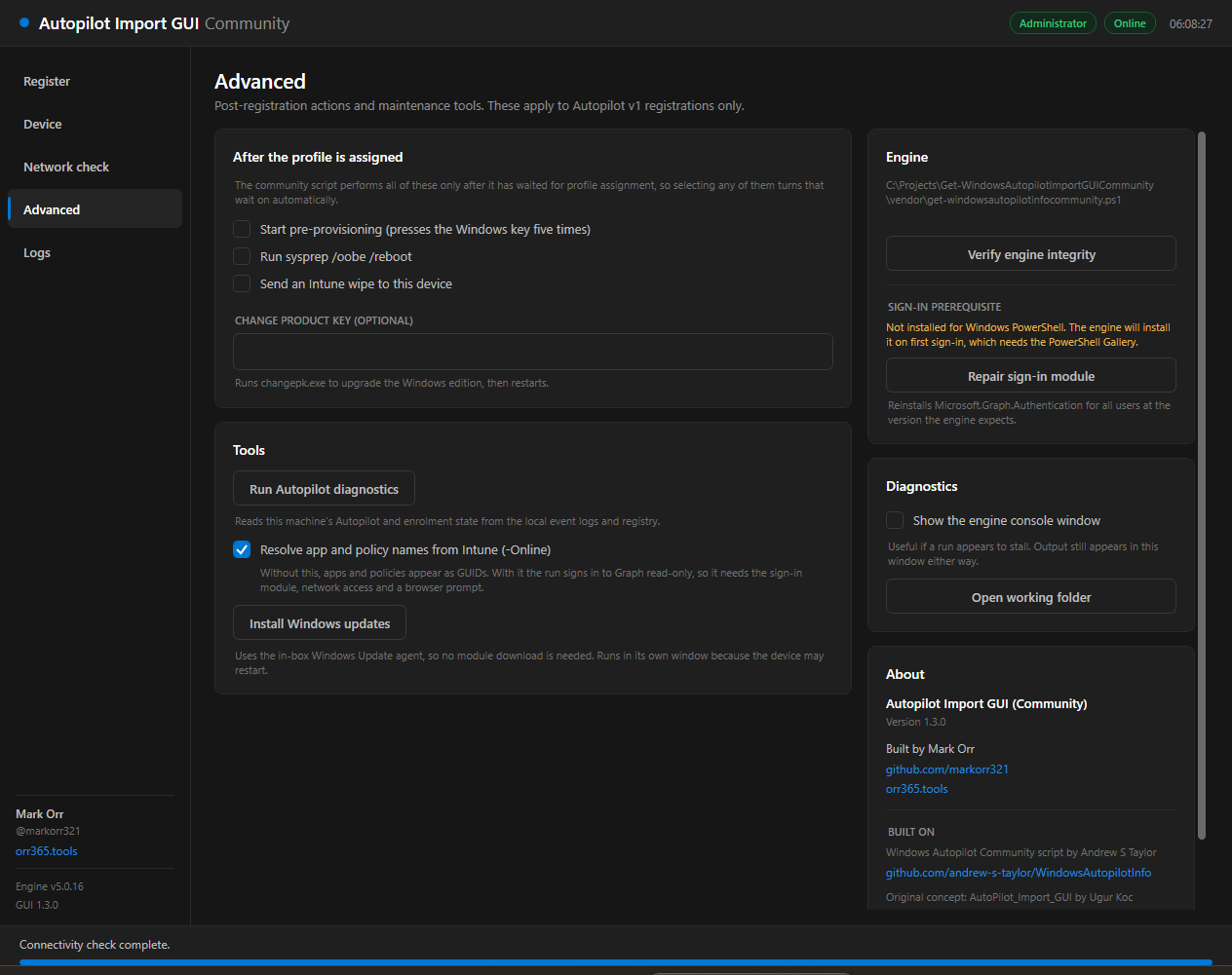 Advanced page with post-assignment actions, diagnostics, Windows Update and engine integrity verification