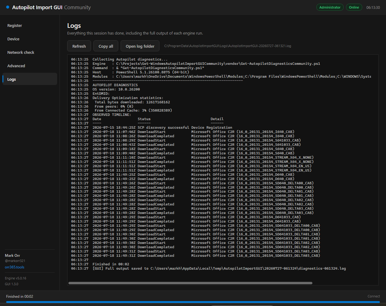 Logs page showing the full session output including a formatted diagnostics timeline table